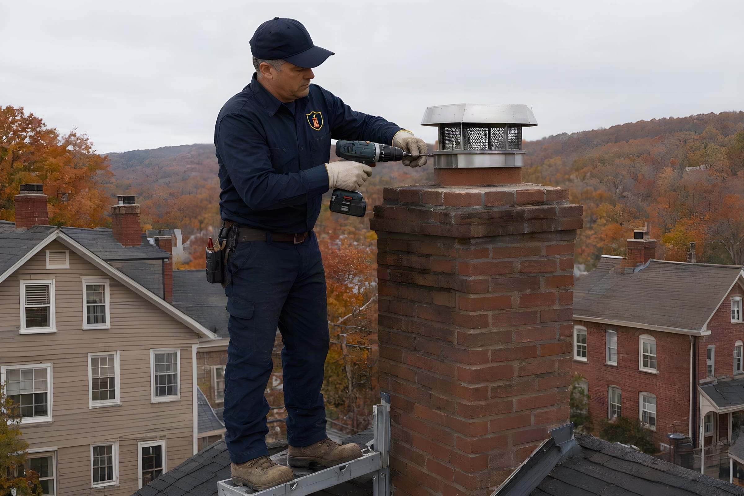 Technician fastening a new stainless chimney cap onto a brick chimney