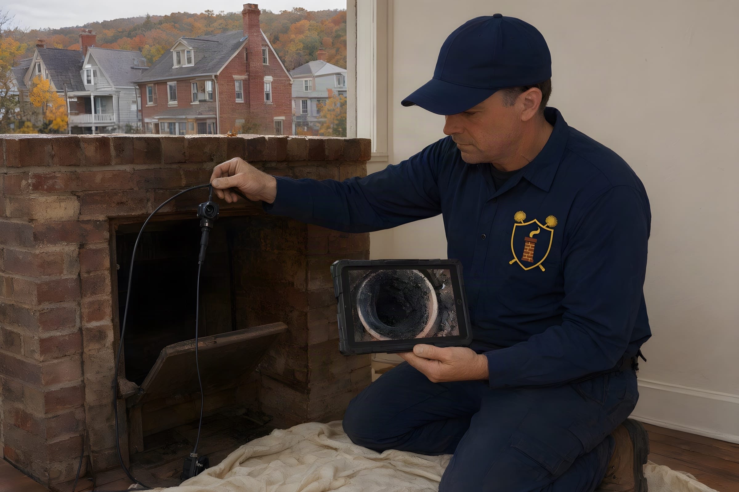 Technician running a camera up a fireplace flue with the inside of the flue showing on a tablet