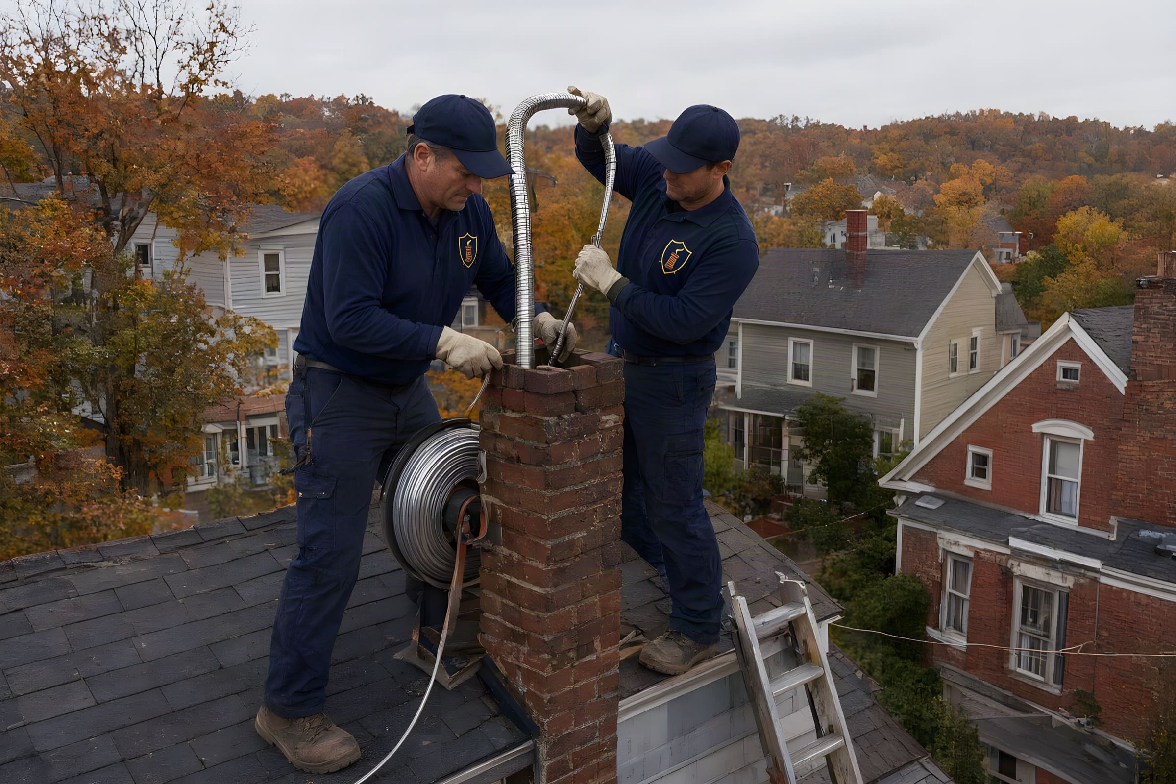 Two technicians feeding a stainless chimney liner from a reel into a brick chimney