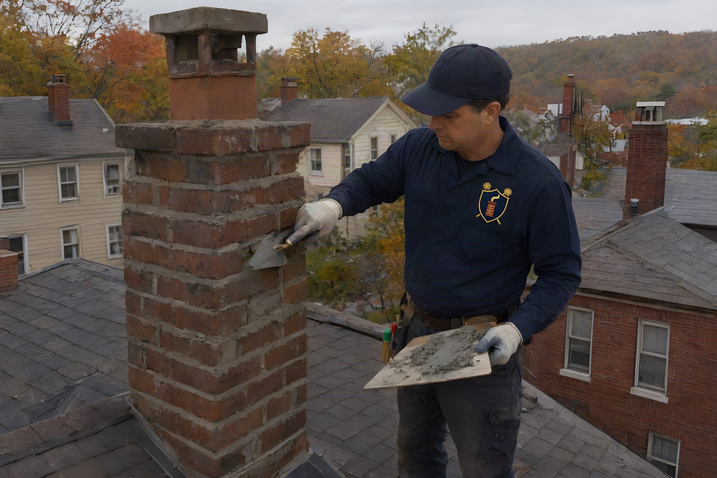 Mason repointing the mortar joints of an old brick chimney on a slate roof