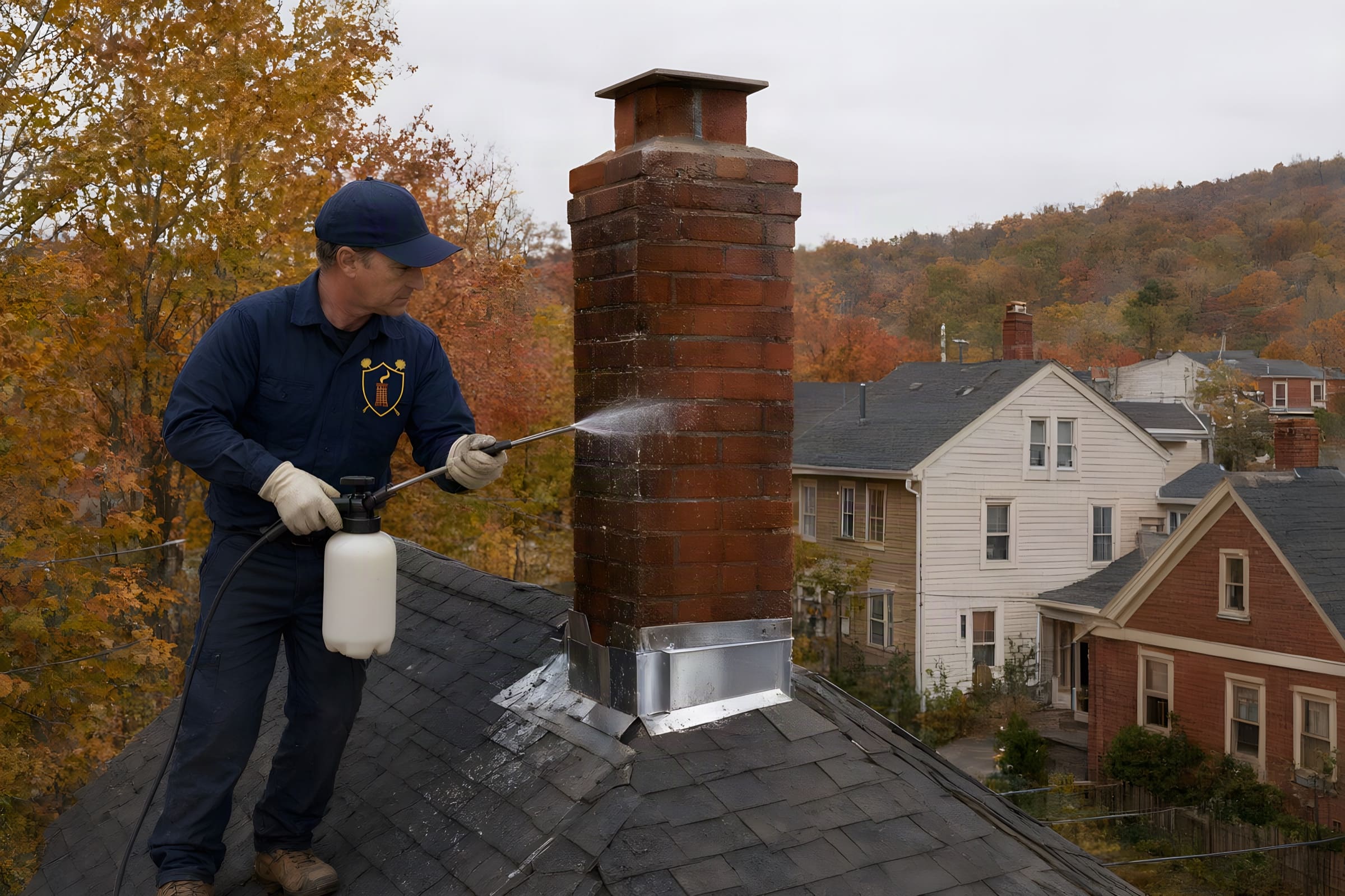 Technician spraying clear water repellent on a brick chimney with new flashing