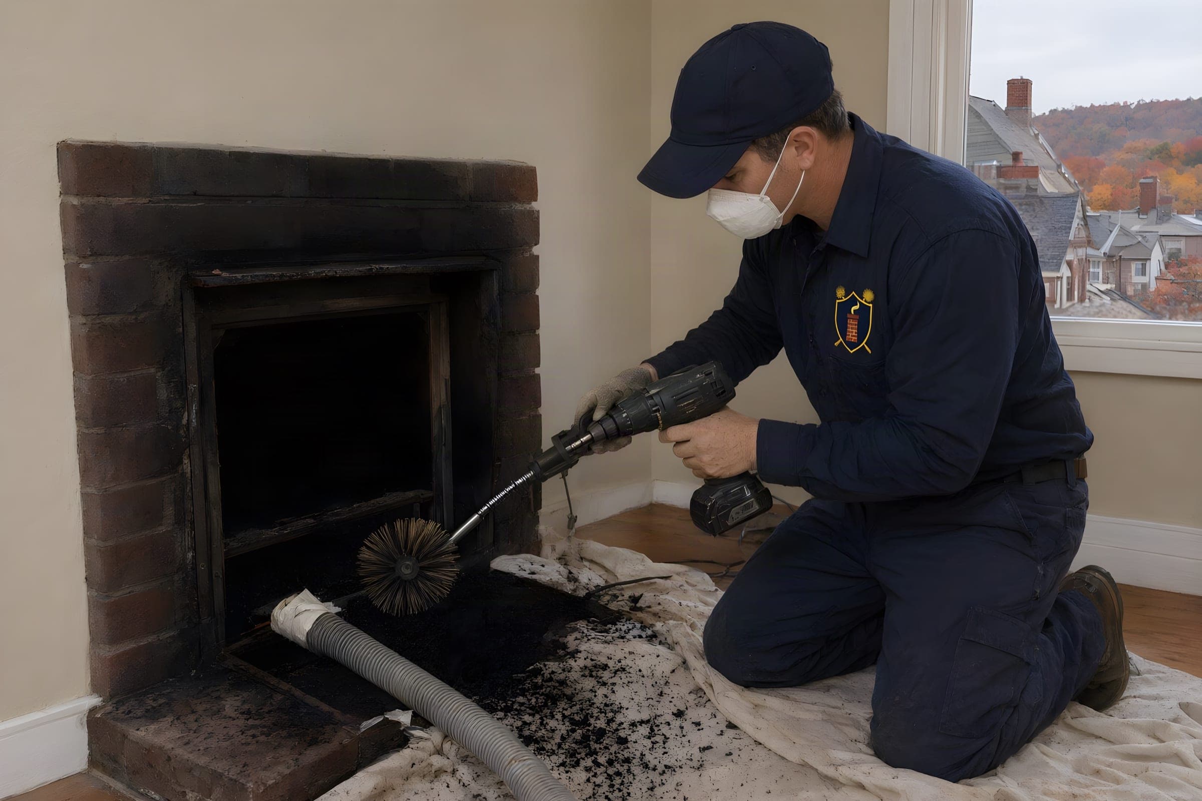 Creosote removal in Binghamton: sweep in a dust mask using a drill-driven rotary brush in a sooty firebox