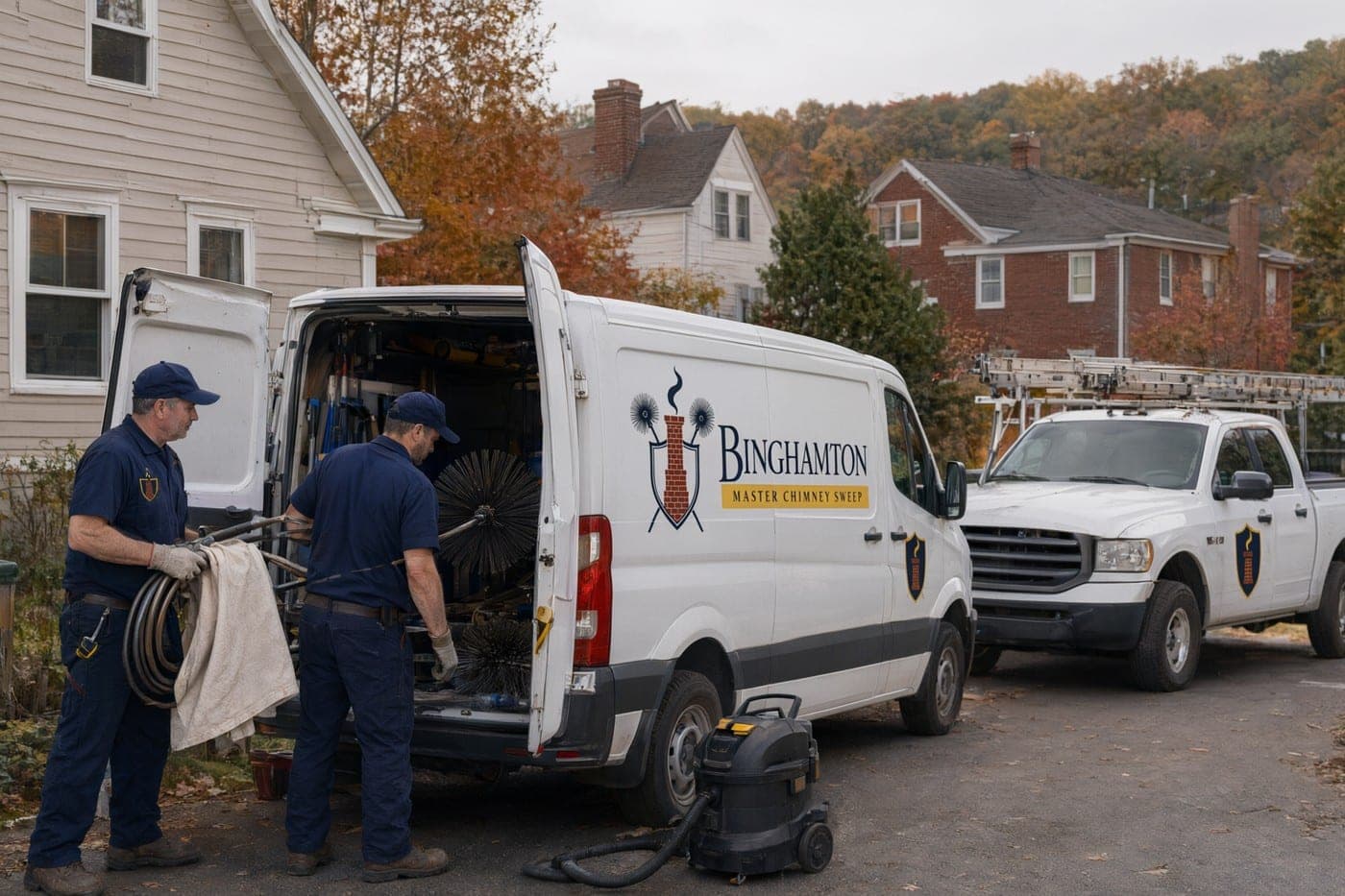 Two crew members loading brush rods and a drop cloth into the company van