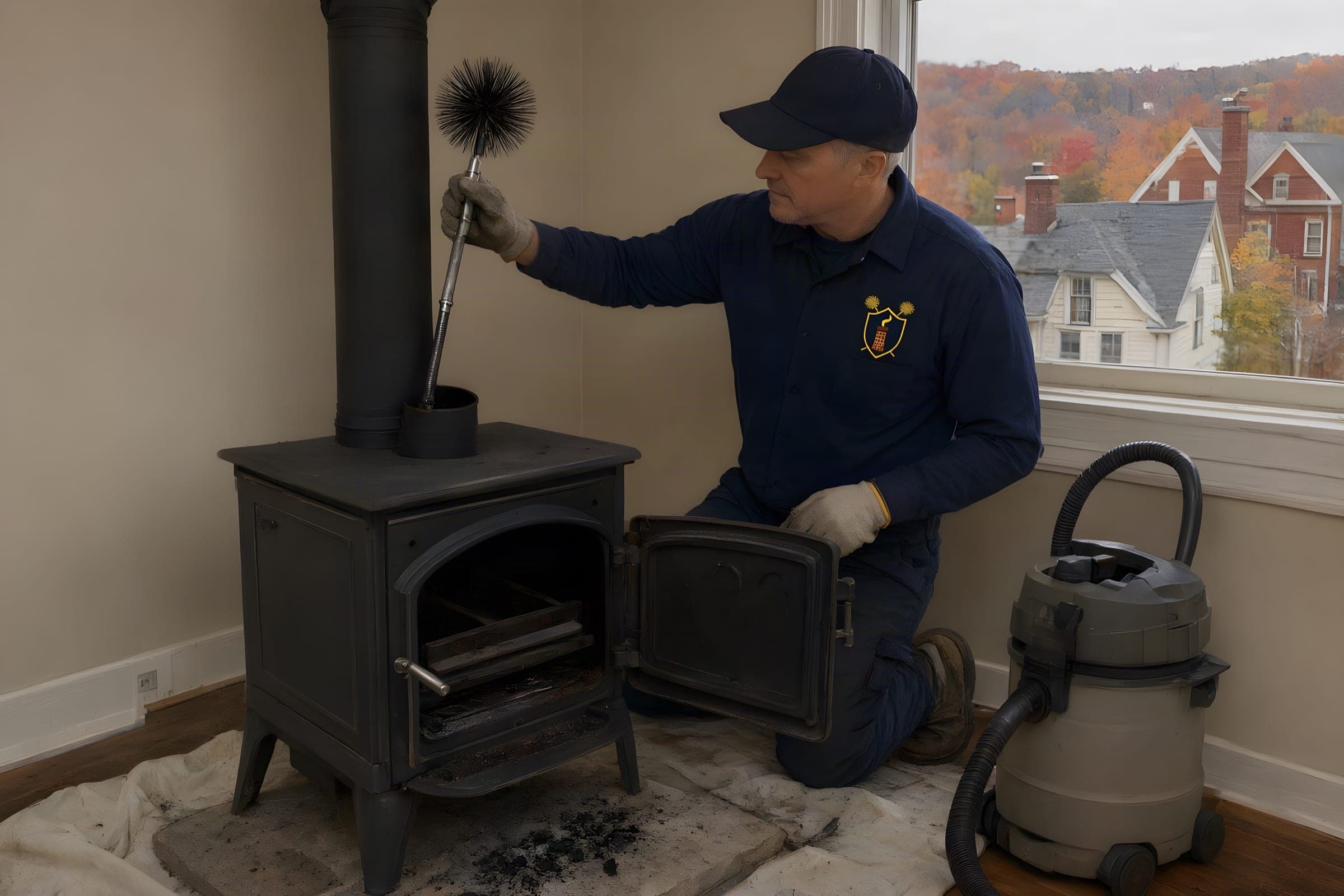 Chimney sweep cleaning the flue outlet of a cast-iron wood stove in a Binghamton home, stove door open, drop cloth and shop vacuum beside him