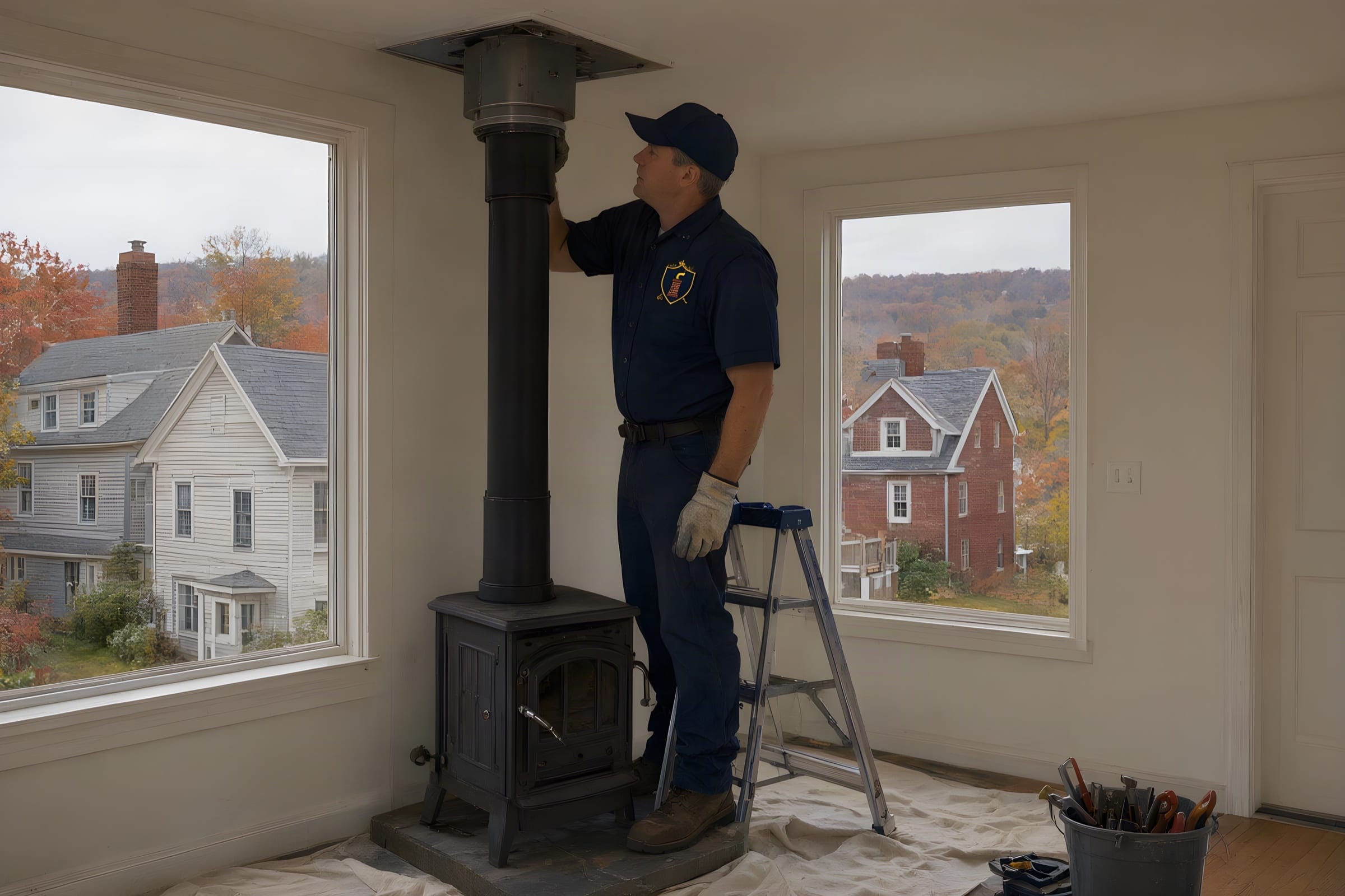 Wood stove chimney installation in Binghamton: technician fitting black stovepipe from a cast-iron stove to a ceiling support box